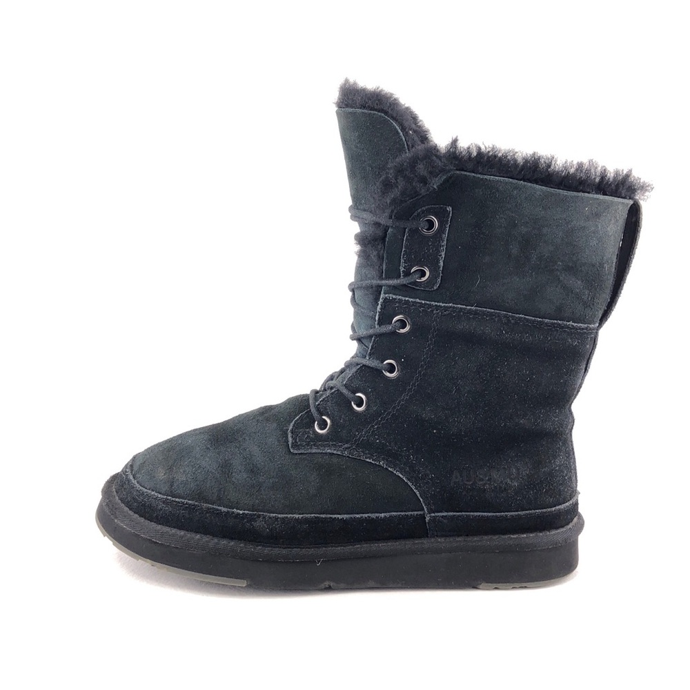 AU&MU Black Suede Sheepskin Lace up Winter Boots 7